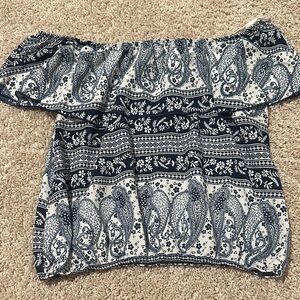 Navy Blue Paisley Off-Shoulder Top